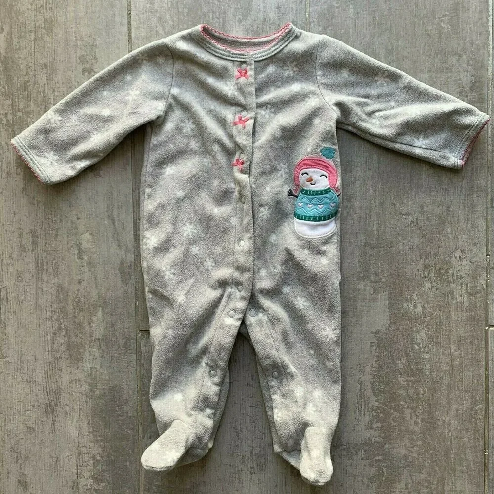 Baby Infant Girl Snowman Christmas Fleece Footie Snap Sleeper One-Piece 3 Months